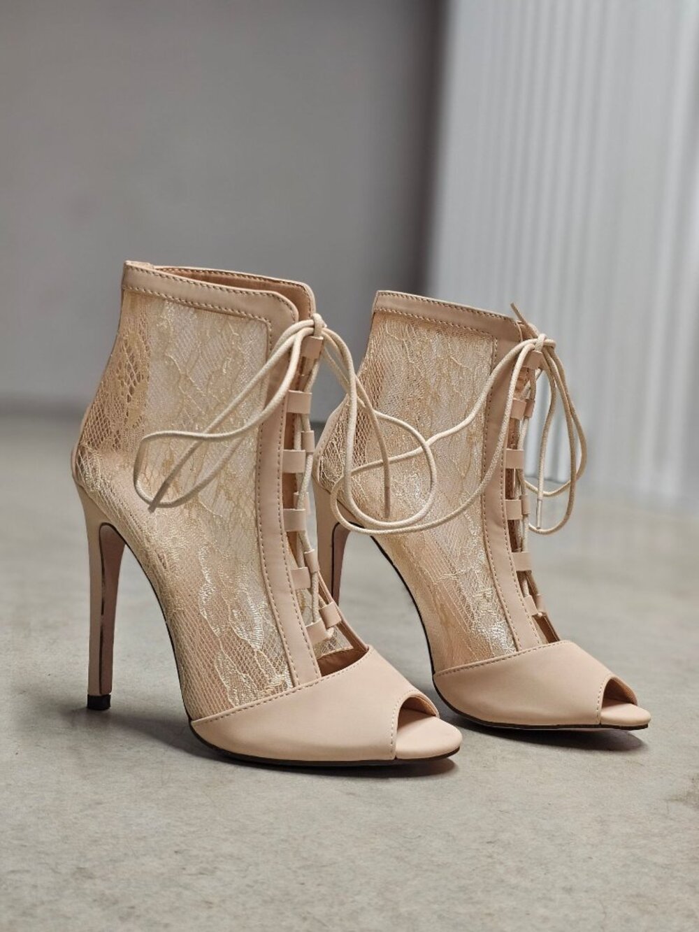 Peep Toe Lace-Up Stiletto Booties With Sheer Lace Panels Nude Beige High Heel An - Picture 12 of 12
